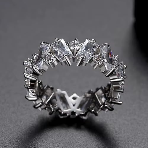 Cubic Zirconia Ring for Women, Emerald Cut Cubic Zirconia Eternity Ring, Fashion Wedding Band Style, Continuous Diamond Design