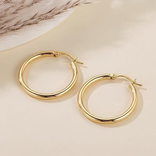 14K Gold Hoop Earrings for Women Gold Earrings Classic Shiny Polished Round Hoop Earrings for Everyday Essential