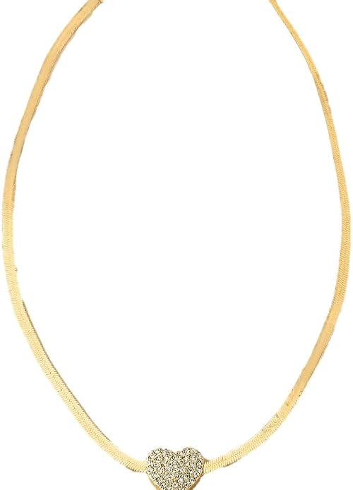 Heart Pendant Herringbone Choker Necklace For Women Gold Silver Options Crystal Pave Charm Adjustable Layering Style Minimalist Chic Everyday Wear