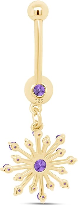 AFFY Snowflake Belly Button Ring for Women Simulated Birthstone, Round Cut Gemstone in 14K Gold Over 925 Sterling Silver, Navel Barbell Piercing Jewelry for Her