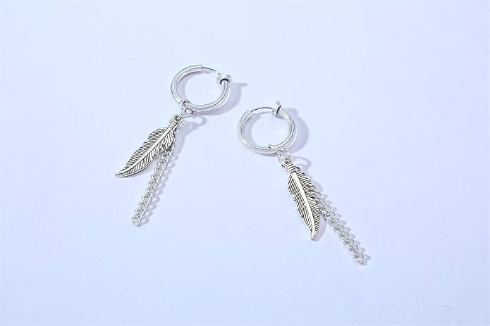 VNOX Unisex Vinatge Stainless Clip On Earrings Non Piercing Feather Charm Dangle Hinged Stud Earrings for Men Women Teen