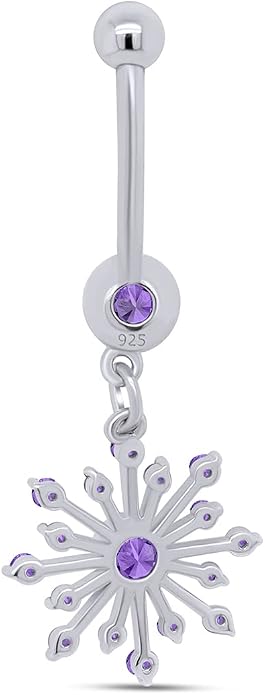 AFFY Snowflake Belly Button Ring for Women Simulated Birthstone, Round Cut Gemstone in 14K Gold Over 925 Sterling Silver, Navel Barbell Piercing Jewelry for Her