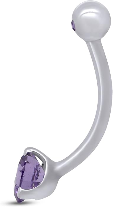 AFFY Internally Threaded Belly Button Navel Ring for Women, Three-Prong Round Simulated Birthstone in 14K Gold Over 925 Sterling Silver, Body Piercing Jewelry Gift