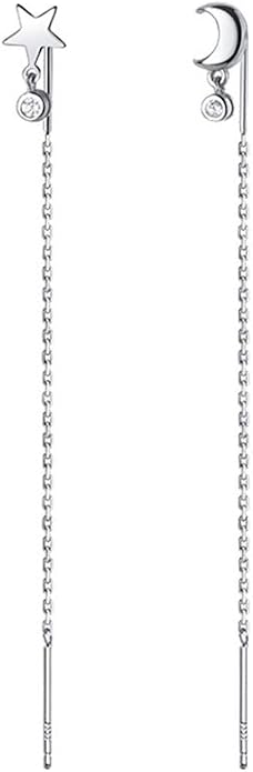 Asymmetrical Star Moon Threader Tassel Dangle Earrings S925 Sterling Silver Dainty Diamond Crystal CZ Long Chain Drop Stud Earring Ear Line Cute Jewelry Gifts for Women Sensitive Ears