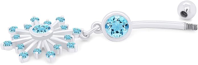 AFFY Snowflake Belly Button Ring for Women Simulated Birthstone, Round Cut Gemstone in 14K Gold Over 925 Sterling Silver, Navel Barbell Piercing Jewelry for Her