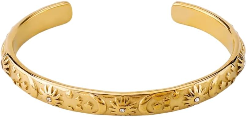 Pierced Owl 304 Stainless Steel Sun Moon and Star Lined Open Cuff Bangle Bracelet
