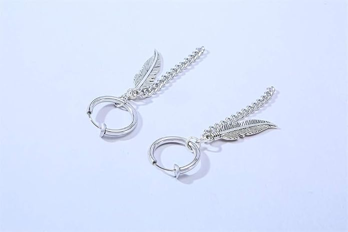 VNOX Unisex Vinatge Stainless Clip On Earrings Non Piercing Feather Charm Dangle Hinged Stud Earrings for Men Women Teen