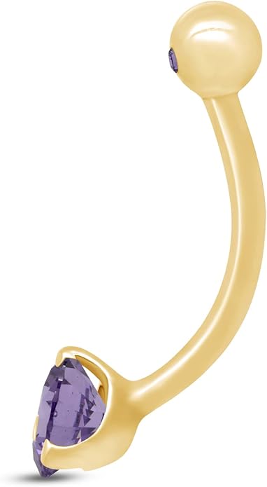 AFFY Internally Threaded Belly Button Navel Ring for Women, Three-Prong Round Simulated Birthstone in 14K Gold Over 925 Sterling Silver, Body Piercing Jewelry Gift