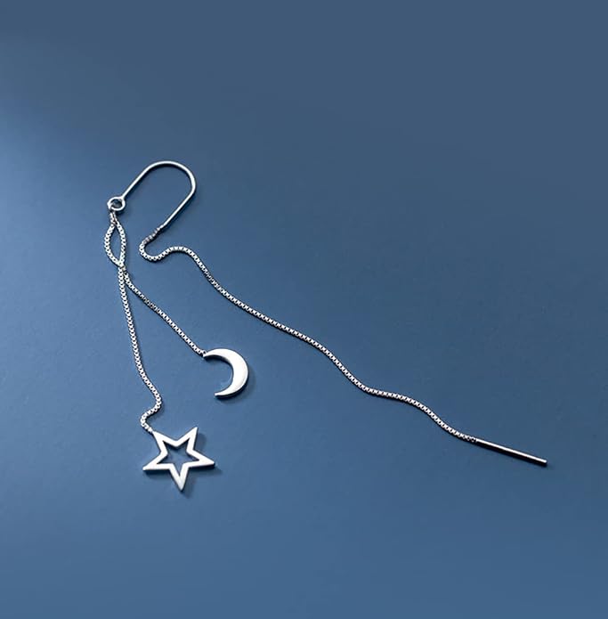 Reffeer Solid 925 Sterling Silver Moon Star Threader Dangle Earrings Chain for Women Teens Long Dangle Earrings Tassel Chain