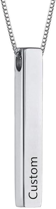 Sterling Silver Personalized 4 Sided Vertical 3D Engraved Bar Pendant Necklace Meaningful Gift for Mom,Women