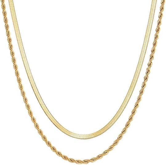 18K Gold Plated Herringbone Necklace Set for Women - Set of 2 (16"+18"),Layered Flat Snake Chain Choker-18K Gold & White Gold Tone -Tarnish Resistant Jewelry Gifts for Women/Girl