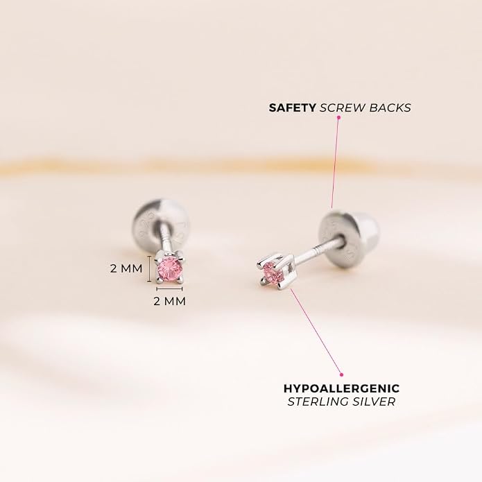 In Season Jewelry CZ Round-Shaped Kids Earrings - 925 Sterling Silver Hypoallergenic Earrings for Girls with Secure Screw Backs - Safe & Comfortable for Toddlers, Kids & Little Girls