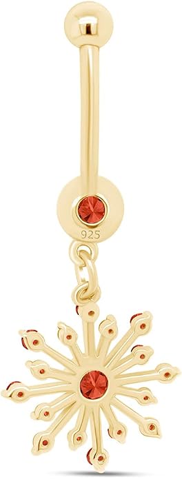 AFFY Snowflake Belly Button Ring for Women Simulated Birthstone, Round Cut Gemstone in 14K Gold Over 925 Sterling Silver, Navel Barbell Piercing Jewelry for Her