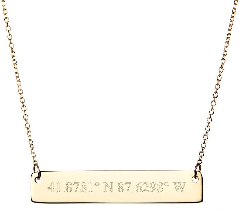 EVE'S ADDICTION Custom Engraved Gold Tone Coordinate Name Bar Necklace - Personalized Longitude Latitude Necklace for Her - Couples Jewelry - Jewelry for Wedding Party - Gifts for Mom