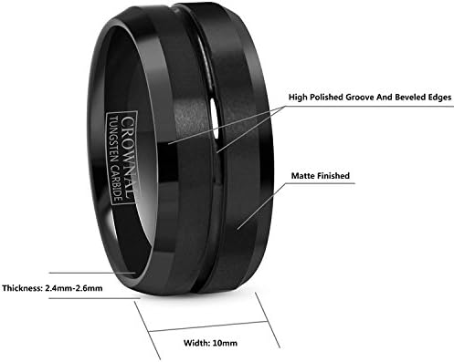 CROWNAL 4mm 6mm 8mm 10mm Black Tungsten Wedding Band Ring Men Women Beveled edges Polished Grooved Center Comfort Fit Size 4 To 17
