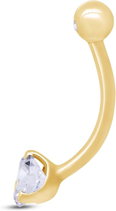 AFFY Internally Threaded Belly Button Navel Ring for Women, Three-Prong Round Simulated Birthstone in 14K Gold Over 925 Sterling Silver, Body Piercing Jewelry Gift