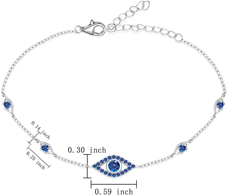 Blue Evil Eyes Link Bracelet, Evil Eye Earrings, S925 Sterling Silver Dainty Cubic Zirconia Adjustable Link Lobster Claw Clasp Chain Jewelry