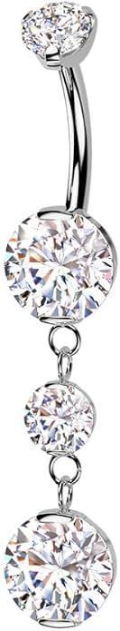 Pierced Owl 14GA ASTM F-136 Implant Grade Titanium Internally Threaded Double Prong CZ Crystal with Two Round CZ Crystals Dangling Belly Button Ring