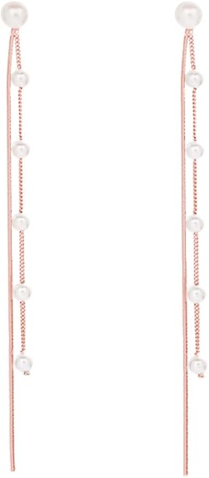 SLUYNZ Solid 925 Sterling Silver Simulated Shell Pearl Dangle Earrings Chain for Women Teens Elegant Long Dangle Earrings Tassel Wedding Bridal Earrings Prom Party Engagement Jewelry