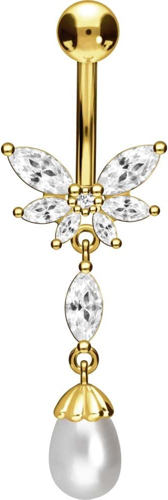 PIERCINGLINE surgical steel dangle belly button piercing with butterfly + synthetic pearl - belly button ring surgical steel, gold, silver, rosegold piercing - new version with improved durability