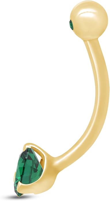 AFFY Internally Threaded Belly Button Navel Ring for Women, Three-Prong Round Simulated Birthstone in 14K Gold Over 925 Sterling Silver, Body Piercing Jewelry Gift