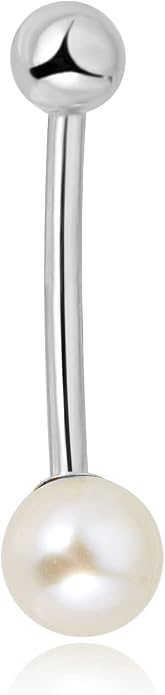 AVORA 10K Yellow/White Gold Freshwater Pearl Belly Button Ring Body Jewelry (14 Gauge)