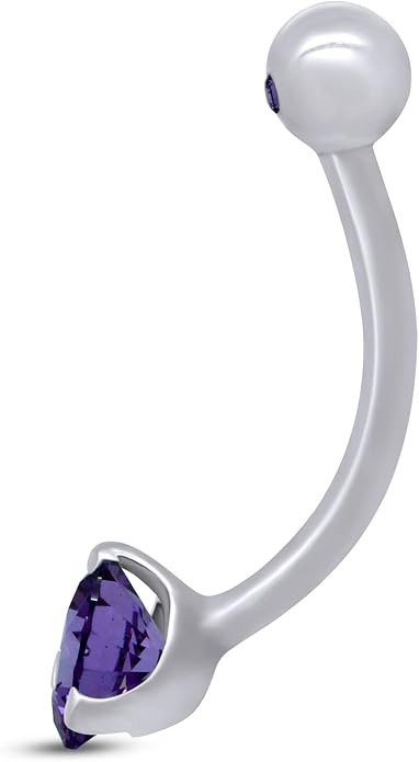 AFFY Internally Threaded Belly Button Navel Ring for Women, Three-Prong Round Simulated Birthstone in 14K Gold Over 925 Sterling Silver, Body Piercing Jewelry Gift
