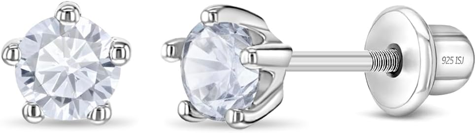 In Season Jewelry Solitaire Simulated Birthstone Kids Earrings - 925 Sterling Silver Hypoallergenic Earrings for Girls with Secure Screw Backs - Safe & Comfortable for Kids & Little Girls