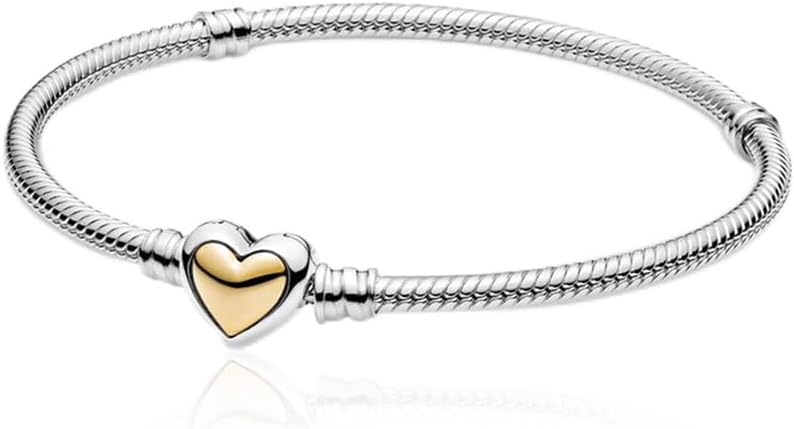 Annmors 925 Sterling SIlver Snake Chain Bracelet with Arch-shaped Gold Heart Clasp Compatible with Women's Bangle Charm & Pendants