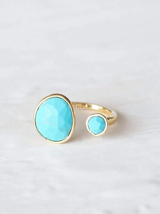 MJLULU Bold 14K Gold-Plated Statement Ring with Eye-Catching Simulated Blue Turquoise - Hypoallergenic & Lightweight, Exuding Boho Elegance - Simple Minimalist Jewelry