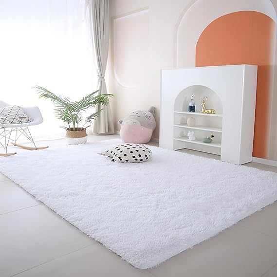 White Area Rug 9x12 Living Room - Soft Large Shag Carpet | Pure White Elegance Crisp White Brightens Any Living Room - Stunning Snowy Backdrop For Holiday And Christmas Photos.