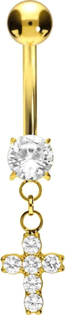 PIERCINGLINE Titanium Belly Button Ring with Crystals and Cross – Belly Button Piercing internally screwed 3 colors