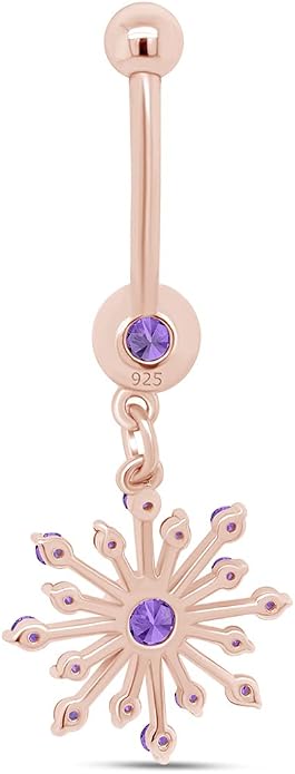 AFFY Snowflake Belly Button Ring for Women Simulated Birthstone, Round Cut Gemstone in 14K Gold Over 925 Sterling Silver, Navel Barbell Piercing Jewelry for Her
