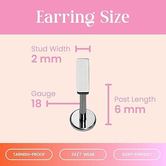 Cords Club Bar Flat Back Stud – ASTM-F136 Implant Grade Titanium - Push Pin Design for Sensitive Ears (Single Earring)