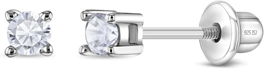 In Season Jewelry CZ Round-Shaped Kids Earrings - 925 Sterling Silver Hypoallergenic Earrings for Girls with Secure Screw Backs - Safe & Comfortable for Toddlers, Kids & Little Girls