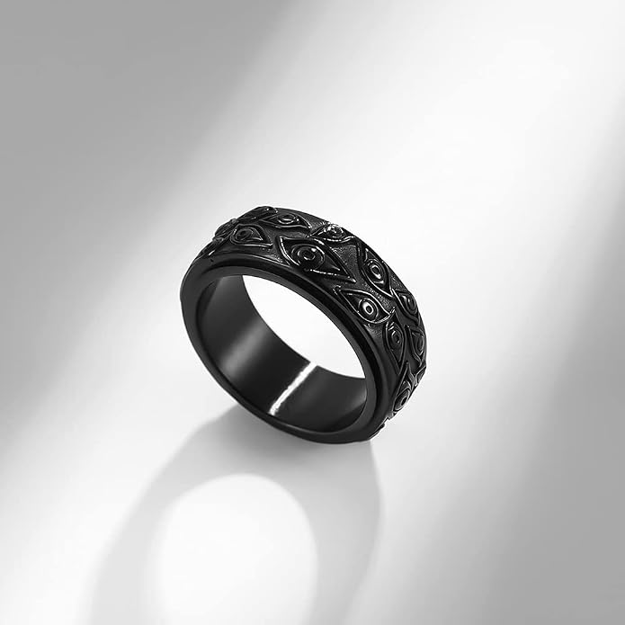 JAJAFOOK Stainless Steel Vintage Evil Eye of God Ring Spinner Ring Stress Relieving Anxiety Ring for Men