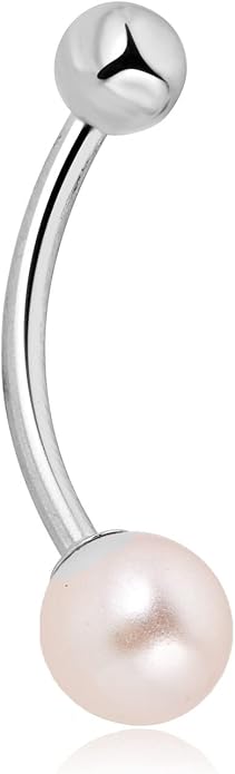 AVORA 10K Yellow/White Gold Freshwater Pearl Belly Button Ring Body Jewelry (14 Gauge)