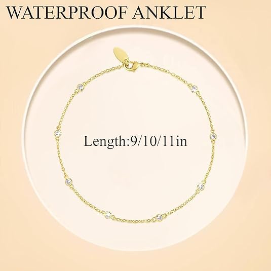 14K Gold Anklets for Women Non Tarnish 1/5 Carat Diamond Ankle Bracelet 14K Gold Ankle Bracelets for Women Waterproof Box Station Chain Design Jewelry for Women 9/10/11in