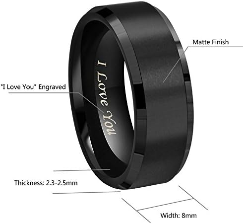 Crownal 4mm 6mm 8mm Black/Silver/Gunmetal/Gold Tungsten Wedding Couple Bands Rings Men Women Matte Brushed Finish Center Engraved "I Love You" Size 4 To 17