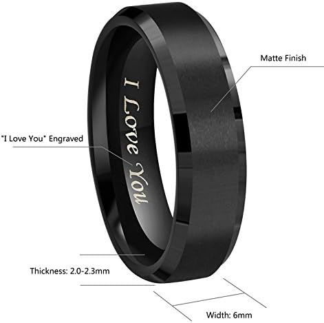 Crownal 4mm 6mm 8mm Black/Silver/Gunmetal/Gold Tungsten Wedding Couple Bands Rings Men Women Matte Brushed Finish Center Engraved "I Love You" Size 4 To 17