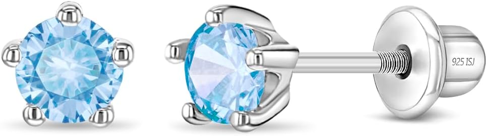 In Season Jewelry Solitaire Simulated Birthstone Kids Earrings - 925 Sterling Silver Hypoallergenic Earrings for Girls with Secure Screw Backs - Safe & Comfortable for Kids & Little Girls