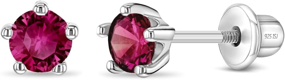 In Season Jewelry Solitaire Simulated Birthstone Kids Earrings - 925 Sterling Silver Hypoallergenic Earrings for Girls with Secure Screw Backs - Safe & Comfortable for Kids & Little Girls