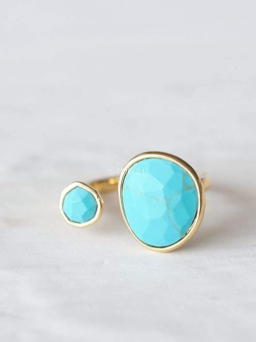 MJLULU Bold 14K Gold-Plated Statement Ring with Eye-Catching Simulated Blue Turquoise - Hypoallergenic & Lightweight, Exuding Boho Elegance - Simple Minimalist Jewelry