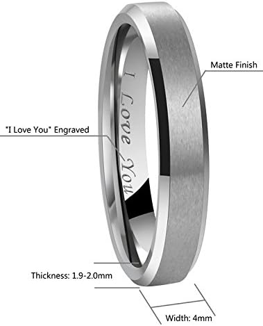 Crownal 4mm 6mm 8mm Black/Silver/Gunmetal/Gold Tungsten Wedding Couple Bands Rings Men Women Matte Brushed Finish Center Engraved "I Love You" Size 4 To 17