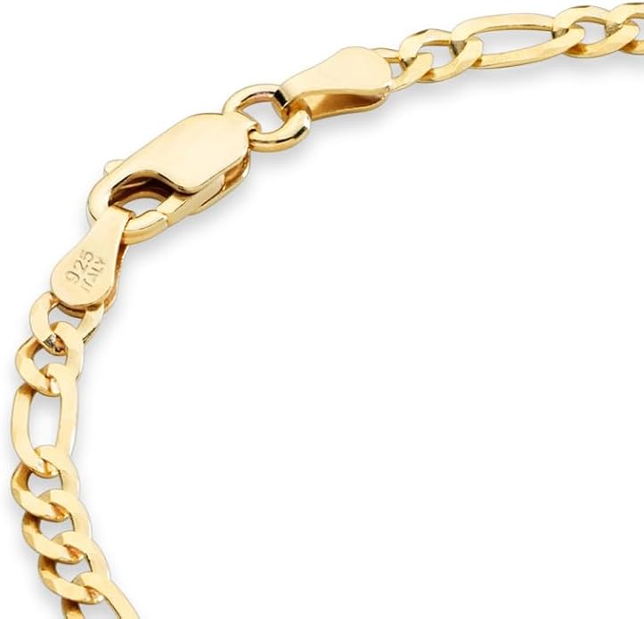 Miabella Italian Solid 925 Sterling Silver, 18Kt Gold Plated 3mm Diamond Cut Figaro Chain Bracelet for Women, Made in Italy