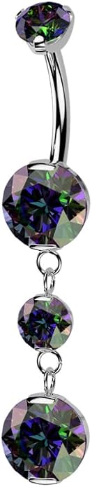 Pierced Owl 14GA ASTM F-136 Implant Grade Titanium Internally Threaded Double Prong CZ Crystal with Two Round CZ Crystals Dangling Belly Button Ring