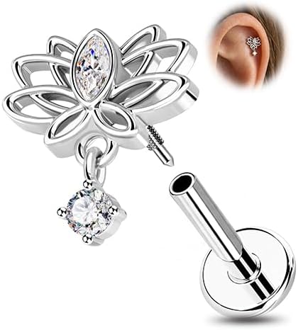 OUFER Silver Flat Back Earrings-16G Gold Forward Helix Piercing Jewelry, Internal Thread Clear CZ Pendant Helix Cartilage Tragus Conch Lobe Piercing Jewelry