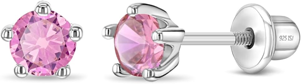In Season Jewelry Solitaire Simulated Birthstone Kids Earrings - 925 Sterling Silver Hypoallergenic Earrings for Girls with Secure Screw Backs - Safe & Comfortable for Kids & Little Girls