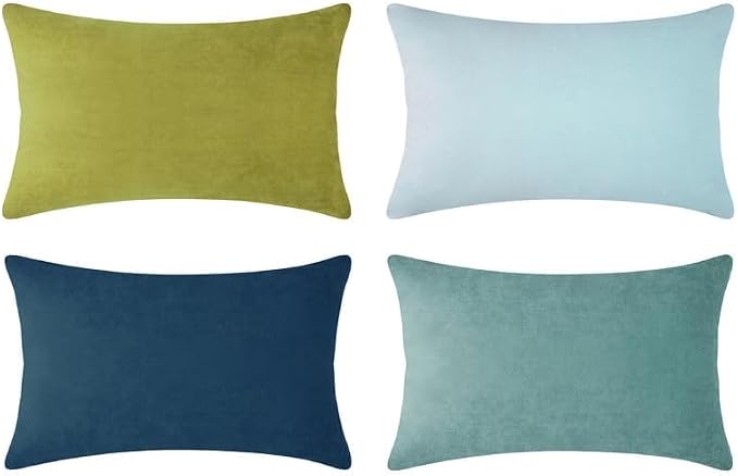MONDAY MOOSE Decorative Throw Pillow Covers Cushion Cases, Set of 4 Soft Velvet Modern Designs, Mix and Match for Home Decor, Pillow Inserts Not Included (12x20 inch, Green/Blue)