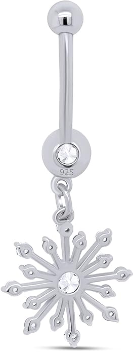 AFFY Snowflake Belly Button Ring for Women Simulated Birthstone, Round Cut Gemstone in 14K Gold Over 925 Sterling Silver, Navel Barbell Piercing Jewelry for Her